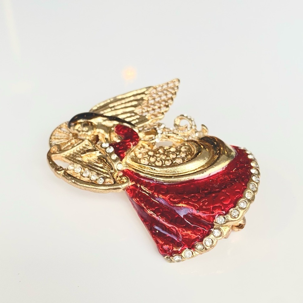 Vintage Holiday Lane Christmas Holiday Lapel Pin Brooch Gold Red Angel w/Harp - Picture 4 of 6